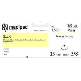 Ράμμα Silk μη απορροφήσιμα Medipac | 3/0 DS19 75cm, με αντιστρόφως κόπτουσα βελόνα 1633