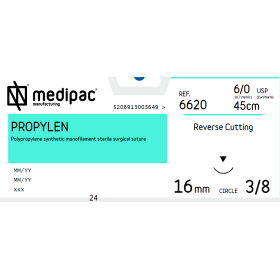 Ράμμα Propylen μη απορρόφησιμο Medipac | 6/0 DS16 45cm με αντιστρόφως κόπτουσα βελόνα 6620