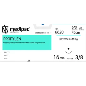 Ράμμα Propylen μη απορρόφησιμο Medipac | 6/0 DS16 45cm με αντιστρόφως κόπτουσα βελόνα 6620