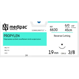 Ράμμα Propylen μη απορρόφησιμο Medipac | 6/0 DS19 45cm με αντιστρόφως κόπτουσα βελόνα 6630
