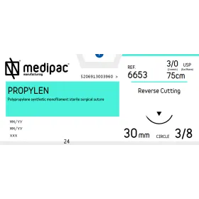 Ράμμα Propylen μη απορρόφησιμο Medipac | 3/0 DS30 75cm με αντιστρόφως κόπτουσα βελόνα 6653
