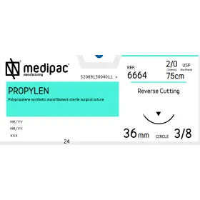 Ράμμα Propylen μη απορρόφησιμο Medipac | 2/0 DS36 75cm με αντιστρόφως κόπτουσα βελόνα 6664