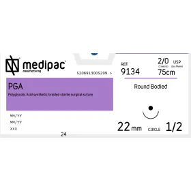 Absorbable Sutures P.G.A Medipac | 2/0 HR22 75cm Round Circle Needle 9134