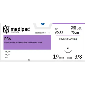 Ράμμα απορροφήσιμο P.G.A Medipac| 3/0 DS19 75cm αντιστρόφως κόπτουσα βελόνα 9633