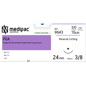 Ράμμα απορροφήσιμο P.G.A Medipac | 3/0 DS24 75cm αντιστρόφως κόπτουσα βελόνα 9643