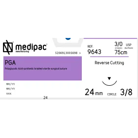 Ράμμα απορροφήσιμο P.G.A Medipac | 3/0 DS24 75cm αντιστρόφως κόπτουσα βελόνα 9643