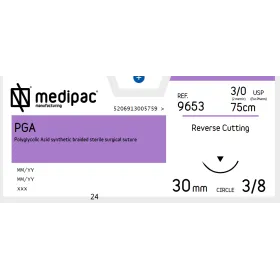 Ράμμα απορροφήσιμο P.G.A Medipac | 3/0 DS30 75cm αντιστρόφως κόπτουσα βελόνα 9653