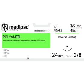 Ράμμα Polyamid μη απορροφήσιμο Medipac 3/0 DS 24mm 3/8 45CM με αντιστρόφως κόπτουσα βελόνα 4643