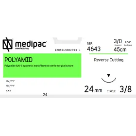 Suture sterile, reverse cutting needle Polyamid 3/0 DS 24mm 4643 3/8 45CM