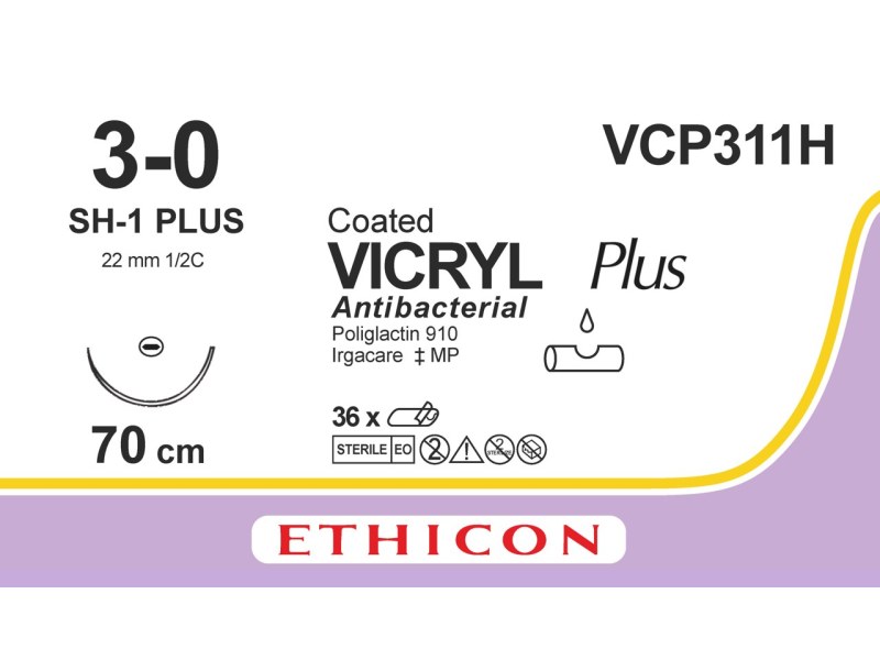 Ράμμα Ethicon Vicryl Plus αντιβακτηριακό, απορροφήσιμo 3/0, με βελόνα 22mm 70cm VCP311H Ράμμα Ethicon Vicryl Plus αντιβακτηριακό, απορροφήσιμo 3/0, με βελόνα 22mm 70cm VCP311H